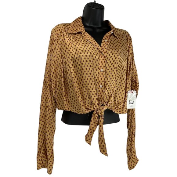 BILLABONG Sunset Sessions Crop Top Sz M Gold Red Polka Dot Button Up Tie Front - Picture 4 of 12